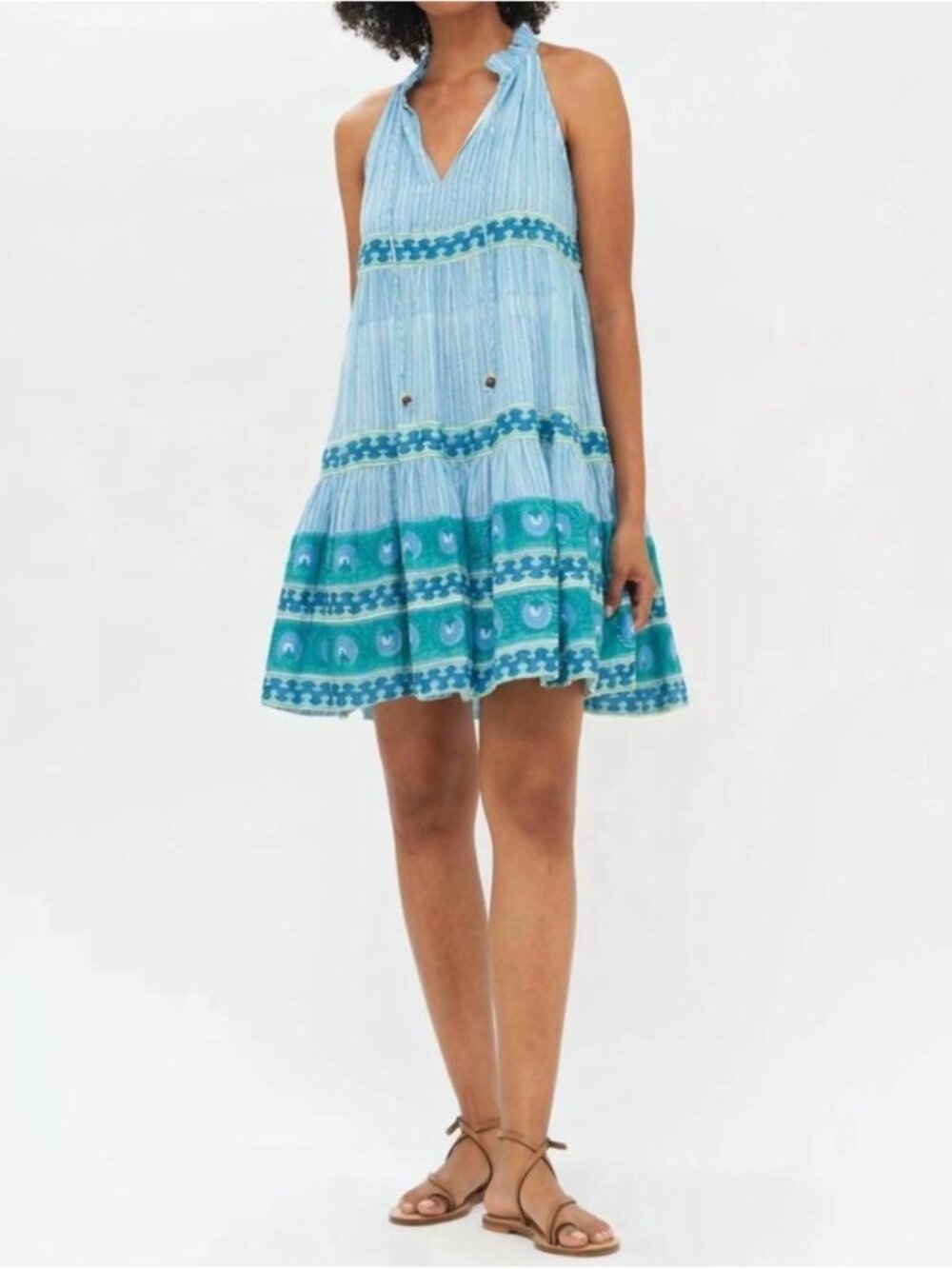 Oliphant Mini Dress Sleeveless Tiered cabana V-Neck Blue Cotton Floral Size Smal